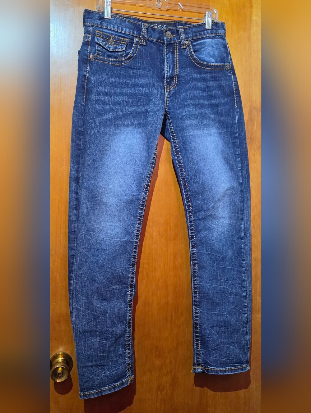 True Luck Men’s Flap Pocket  Jeans 30x32 Embroidered Thick Stitch Dark Wash